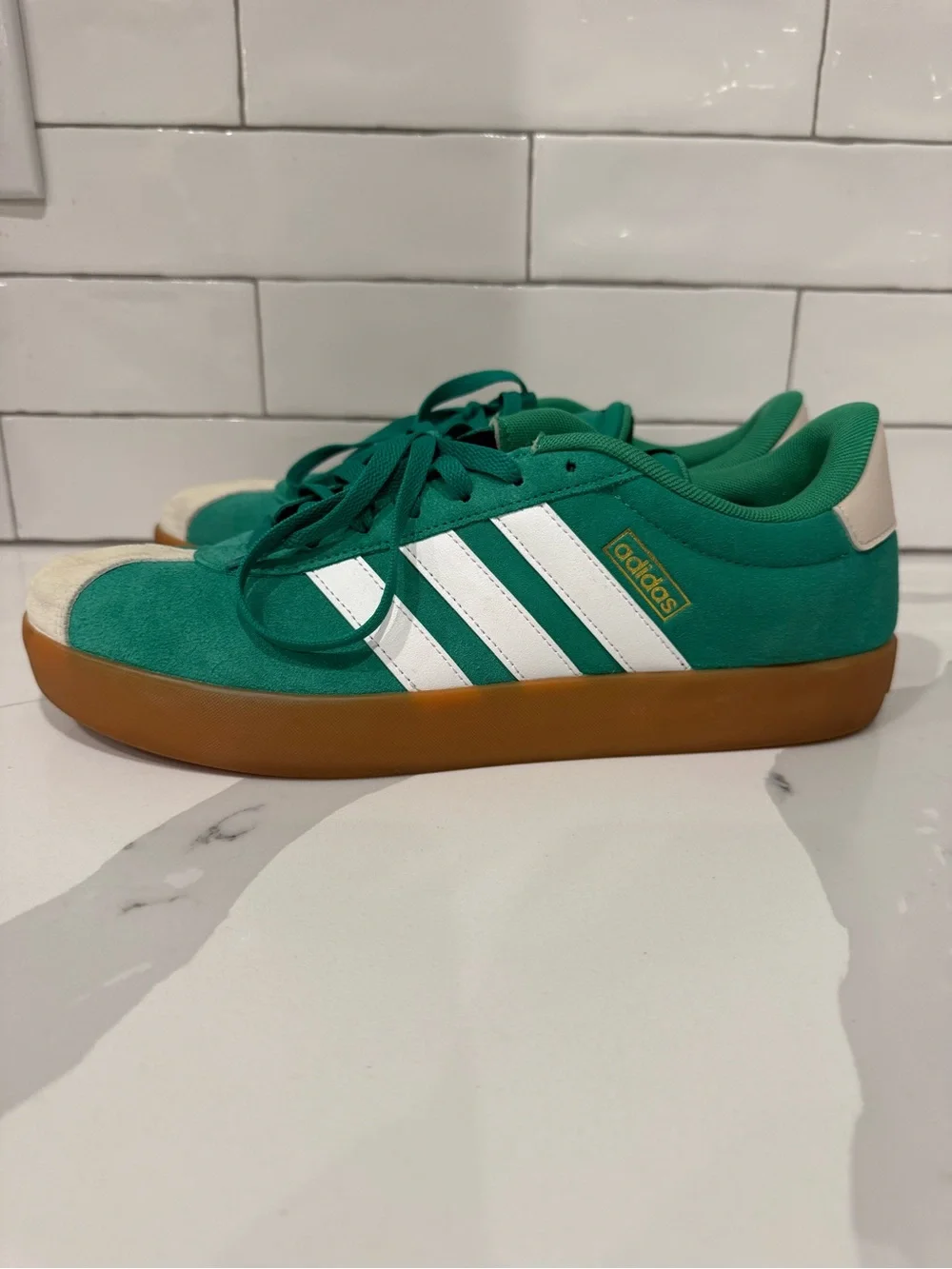 adidas Green Suede Low-Top Sneakers with White Stripes and Gum Sole